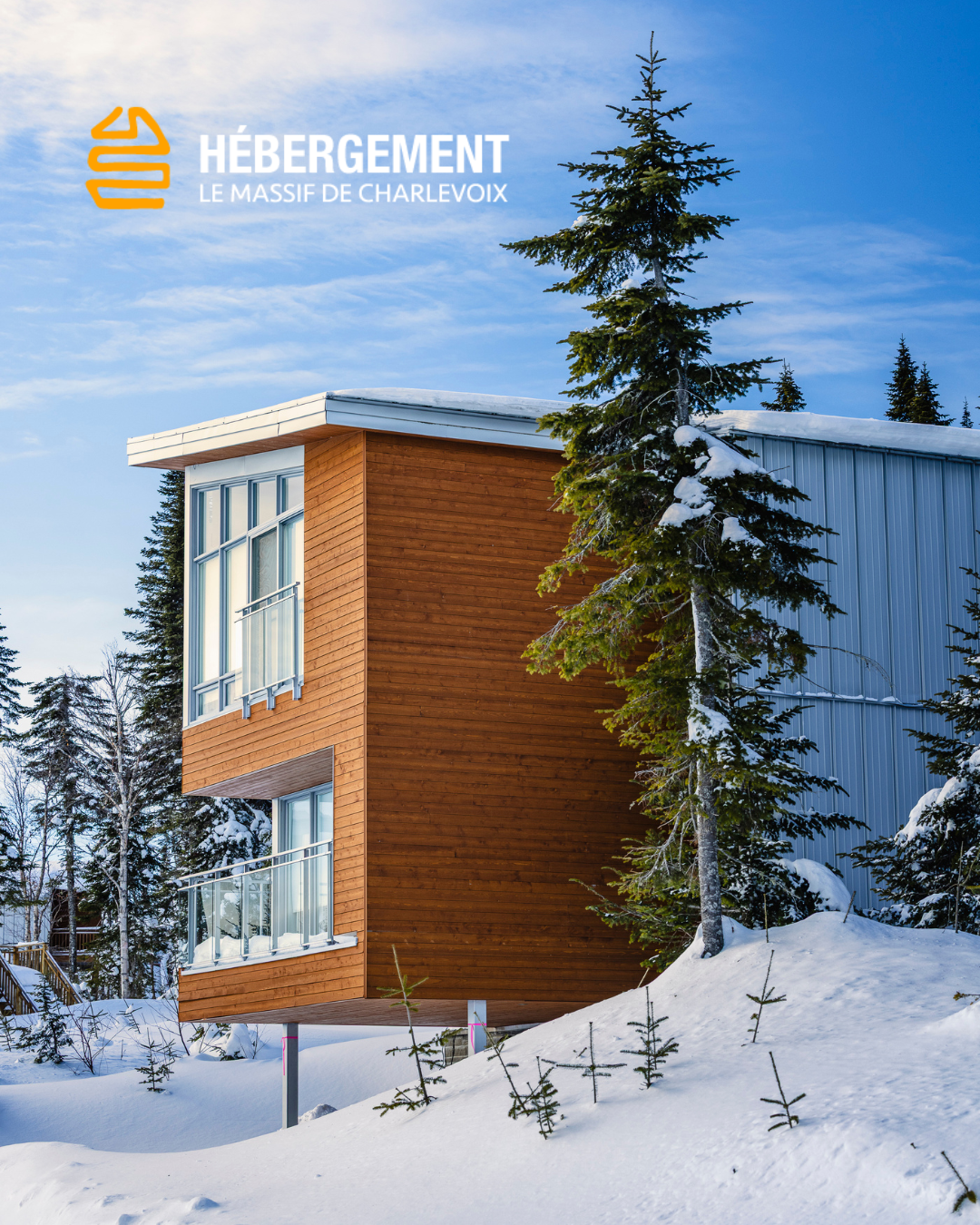 Chalet moderne en bois dans la neige, entouré de sapins.