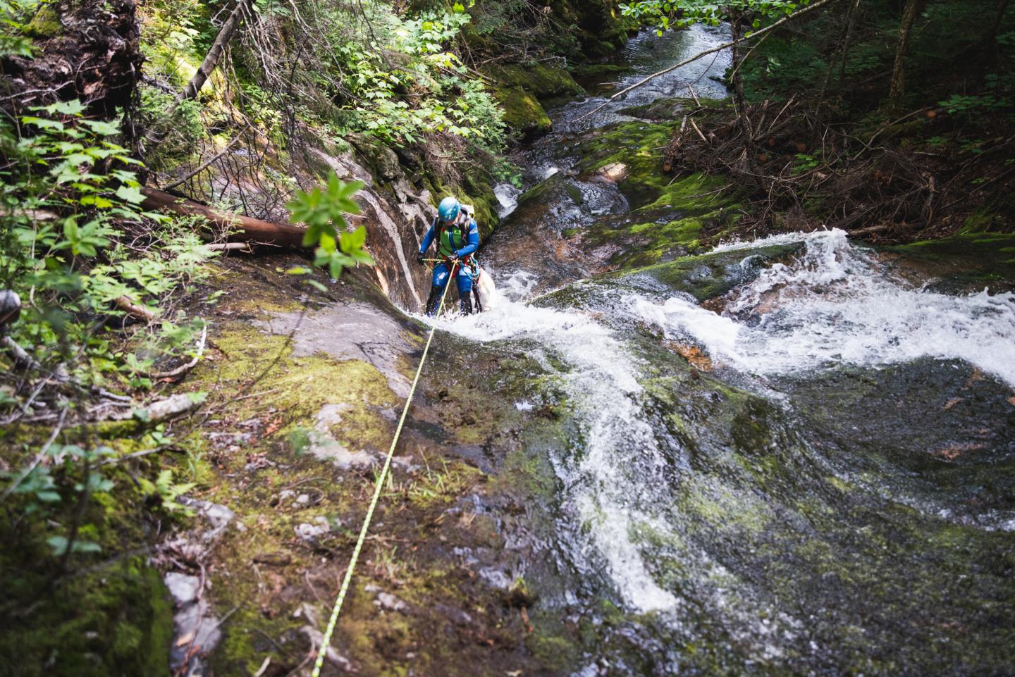 Randonneur descendant un torrent en montagne, entouré de verdure.