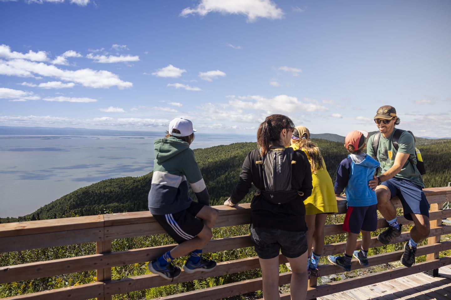 Cinq personnes admirent une vue panoramique depuis un belvédère en bois.