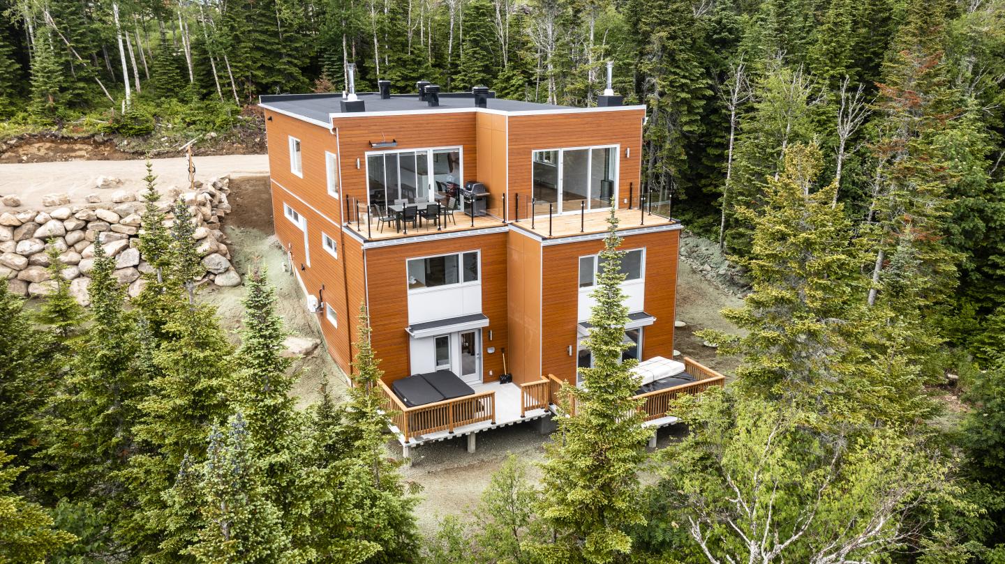Grande maison moderne en bois, entourée de pins verts.
