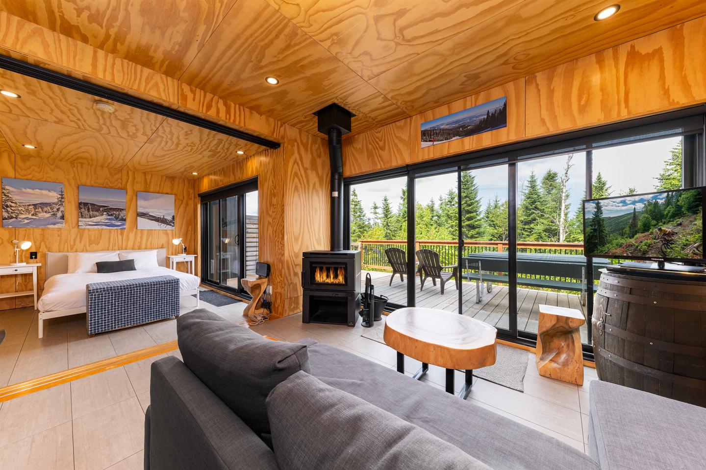 Salon moderne en bois avec canapé gris, poêle et grandes fenêtres ouvrant sur la terrasse.