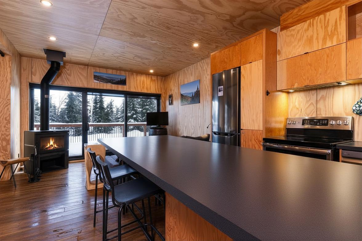 Cuisine moderne en bois avec poêle à bois, îlot central et grande baie vitrée.