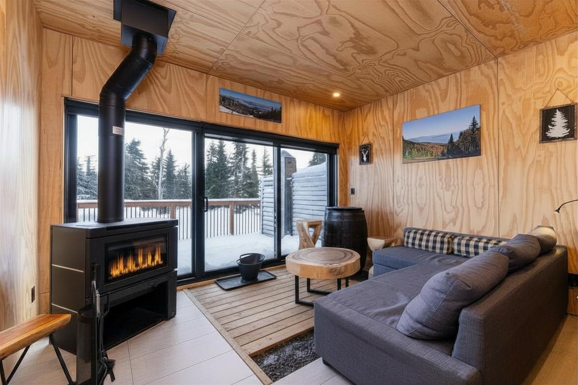 Salon en bois avec poêle, canapé gris, table basse et vue sur la neige par de grandes fenêtres.
