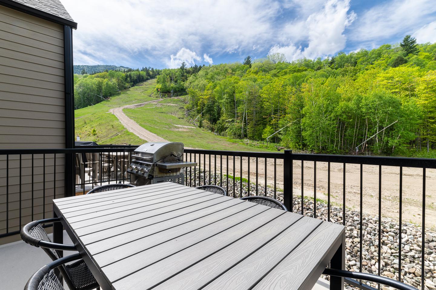 Table en bois sur terrasse avec vue sur colline verdoyante et ciel nuageux.
