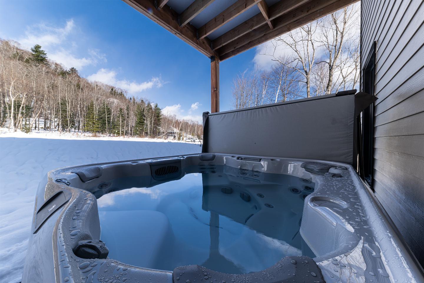 Spa extérieur sous un toit, entouré de neige et de forêt.