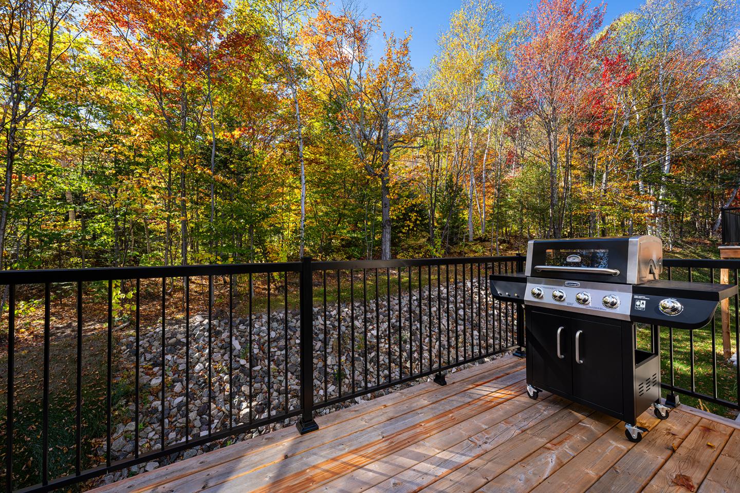 Terrasse en bois avec barbecue, forêt d'automne en arrière-plan.