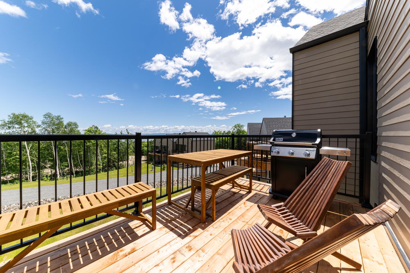 Terrasse ensoleillée avec chaises longues, table en bois et barbecue. Ciel bleu avec nuages.