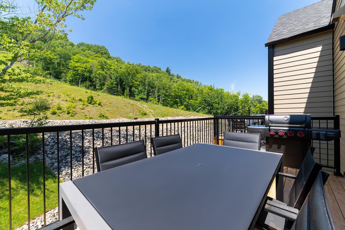 Terrasse avec table noire, chaises et barbecue, vue sur colline verdoyante.