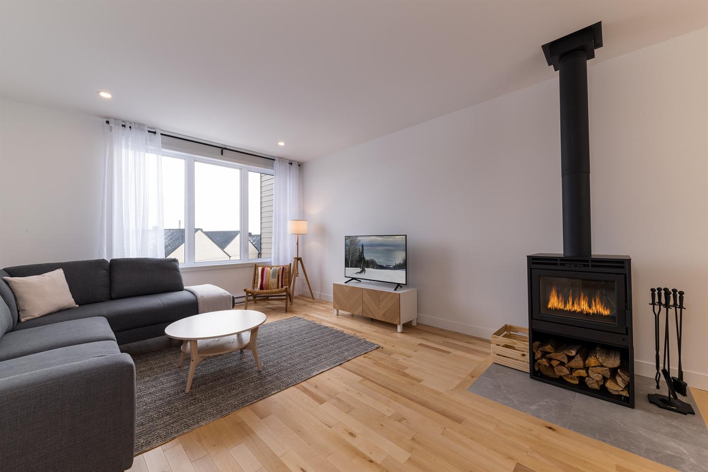 Salon moderne avec canapé gris, poêle à bois, télé et fenêtre lumineuse.