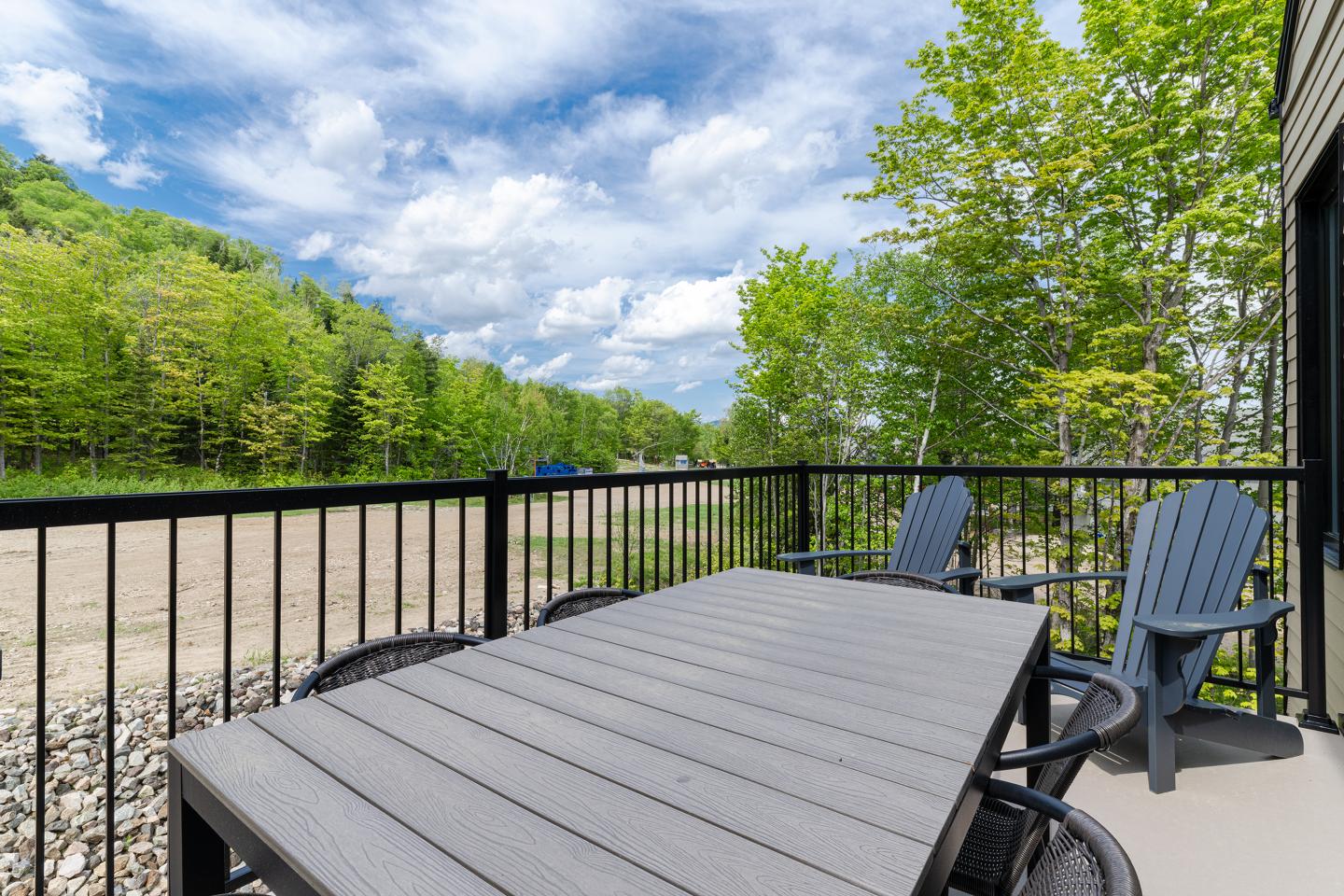 Terrasse avec table, chaises et vue sur forêt sous un ciel partiellement nuageux.