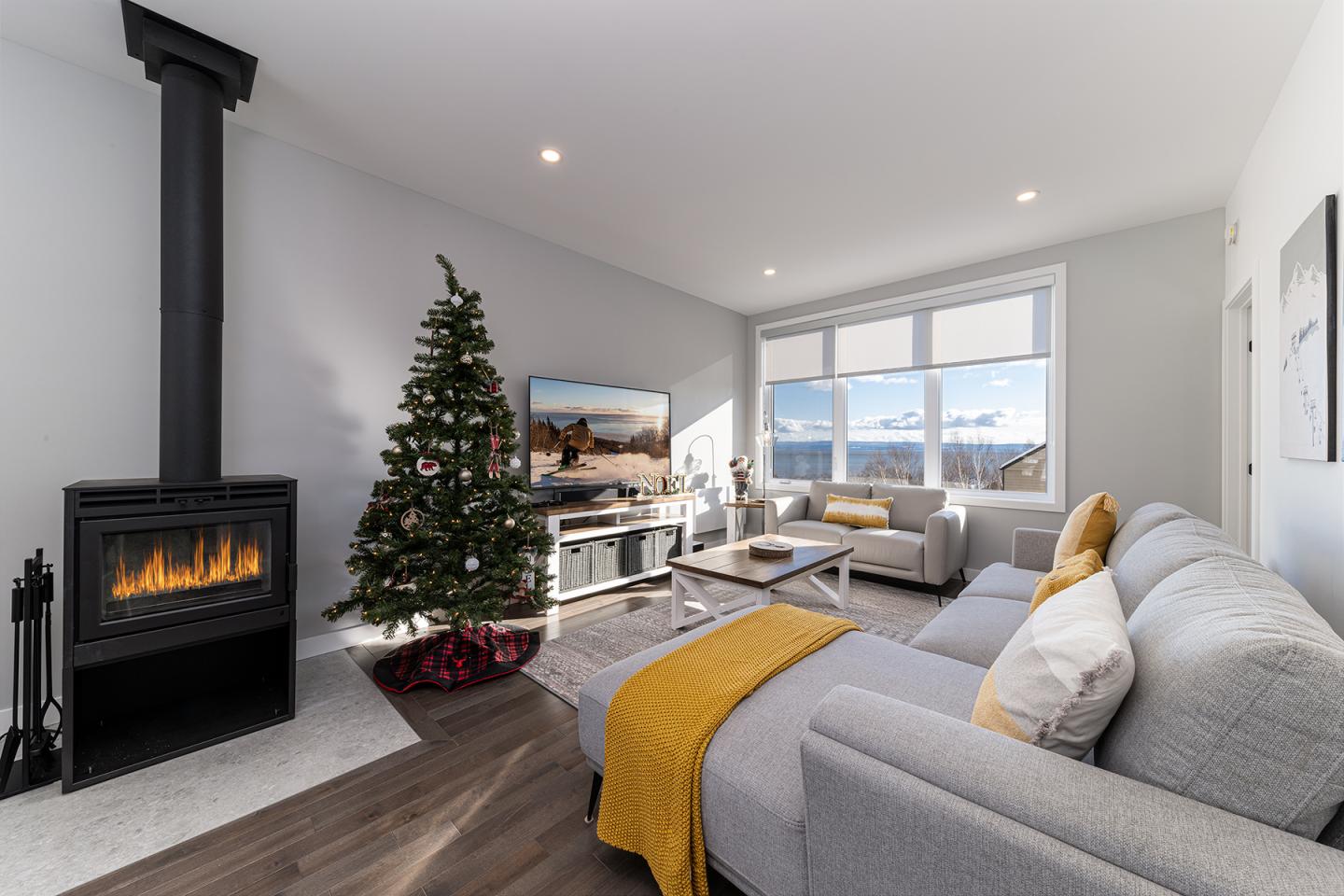 Salon moderne avec un sapin de Noël, cheminée et canapé gris.