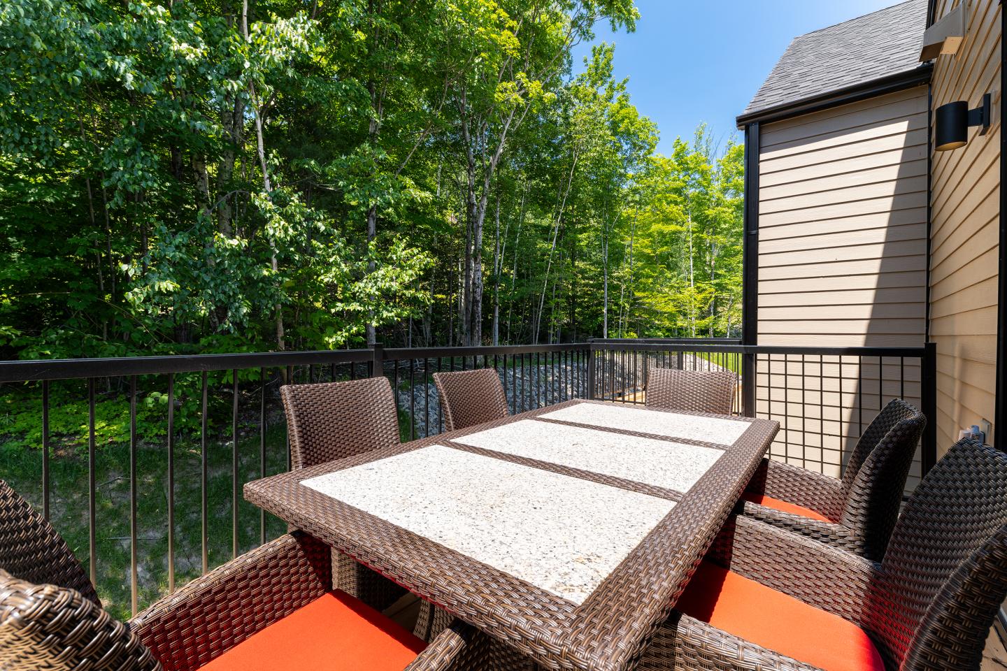 Terrasse avec table, chaises en osier, forêt en arrière-plan sous ciel bleu.
