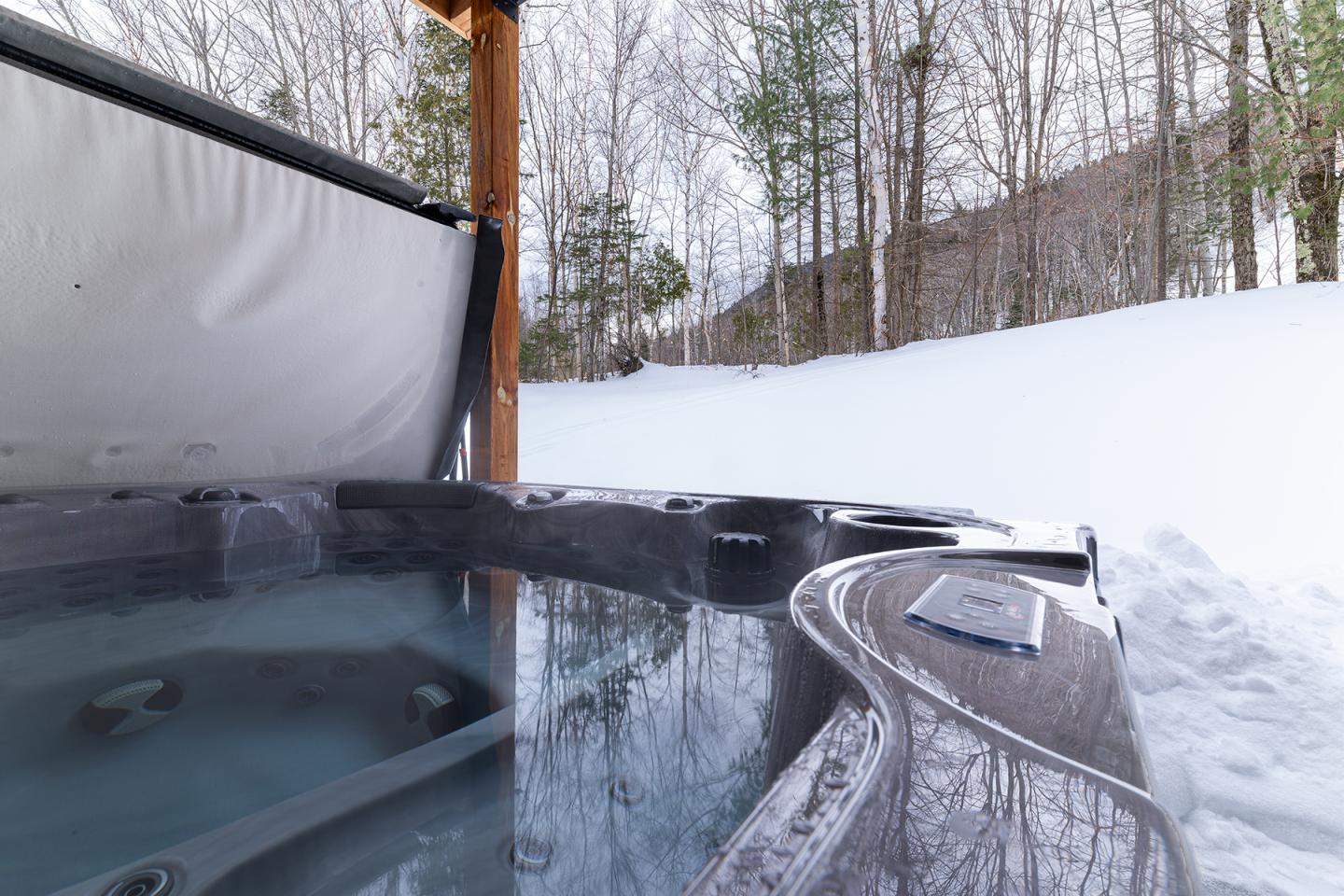 Spa extérieur en hiver, entouré de neige et d'arbres nus.