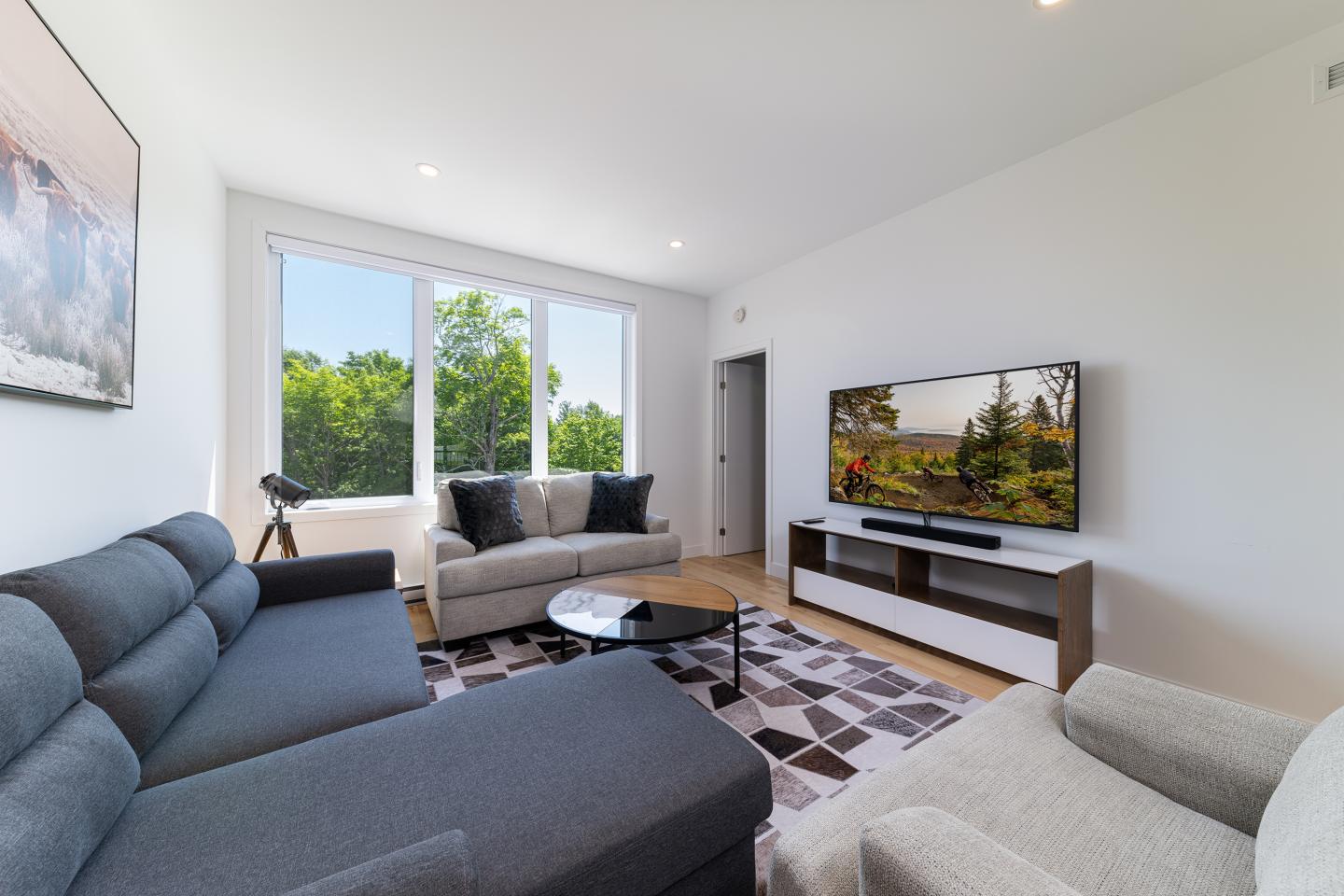 Salon lumineux avec canapé, télé et grande fenêtre vue jardin.
