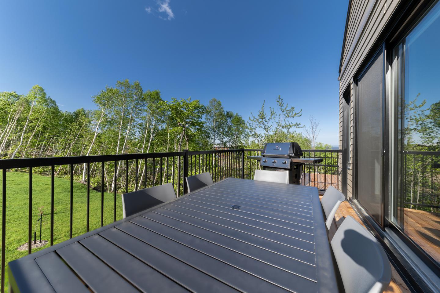 Terrasse ensoleillée avec table, chaises et barbecue, vue sur des arbres verts.