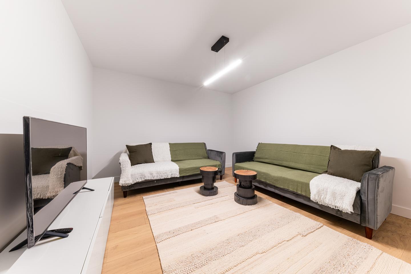 Deux canapés verts, tablettes noires, télé et tapis beige dans un salon moderne.