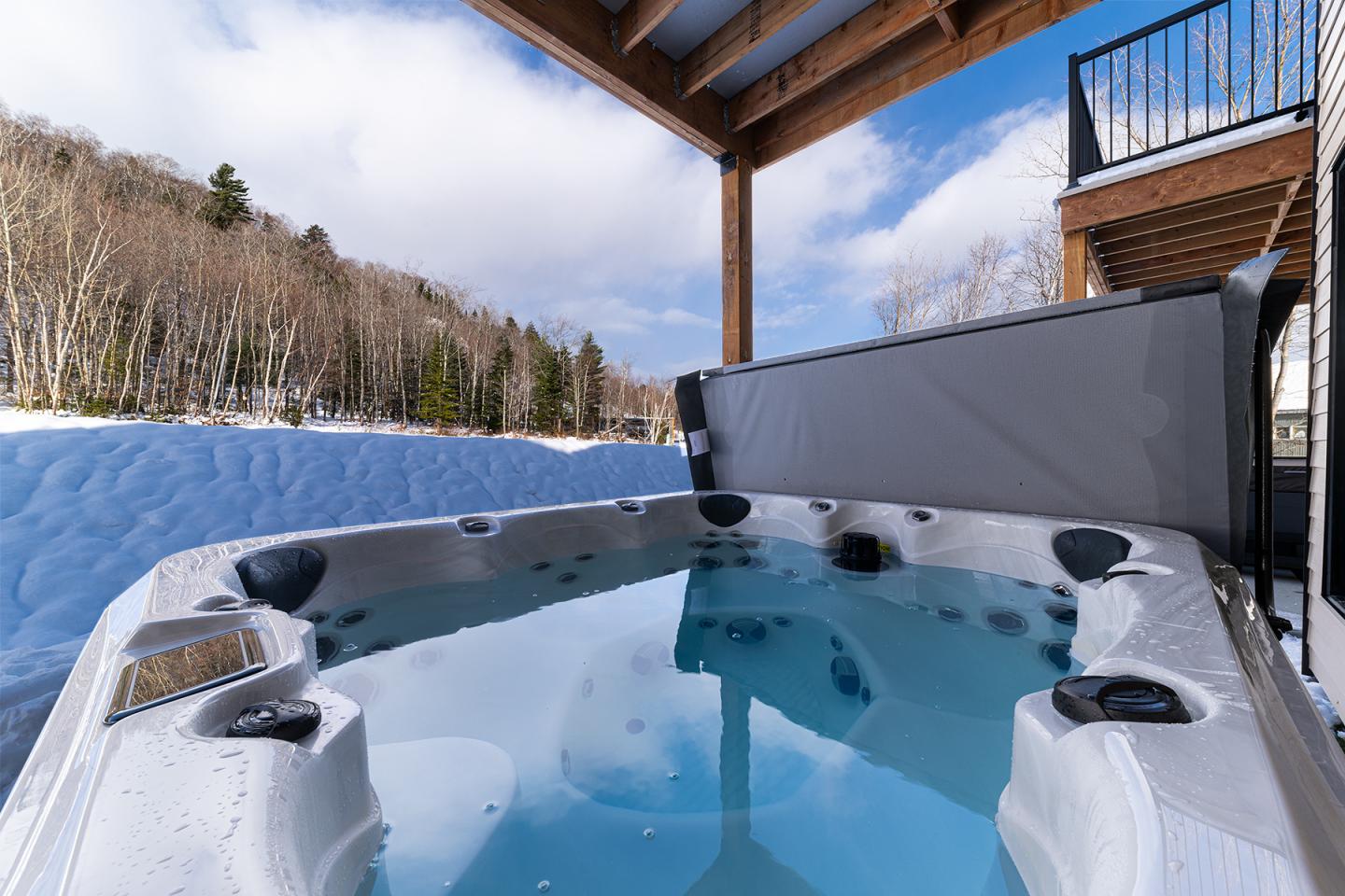 Jacuzzi sur une terrasse en bois, paysage enneigé en arrière-plan.