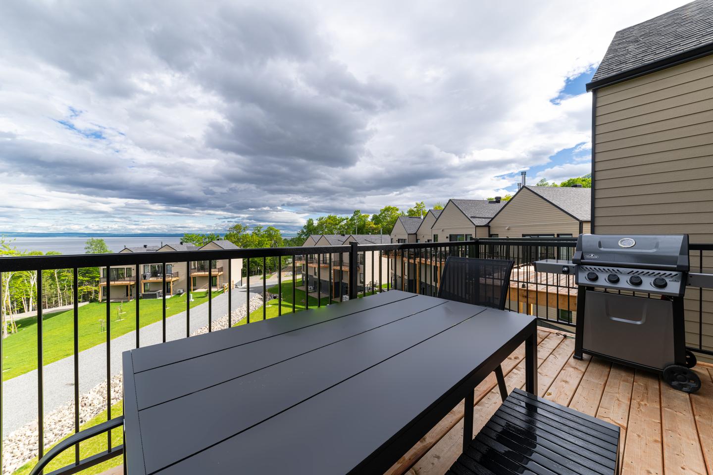 Terrasse avec table noire, barbecue, nuages sombres et vue sur jardin.