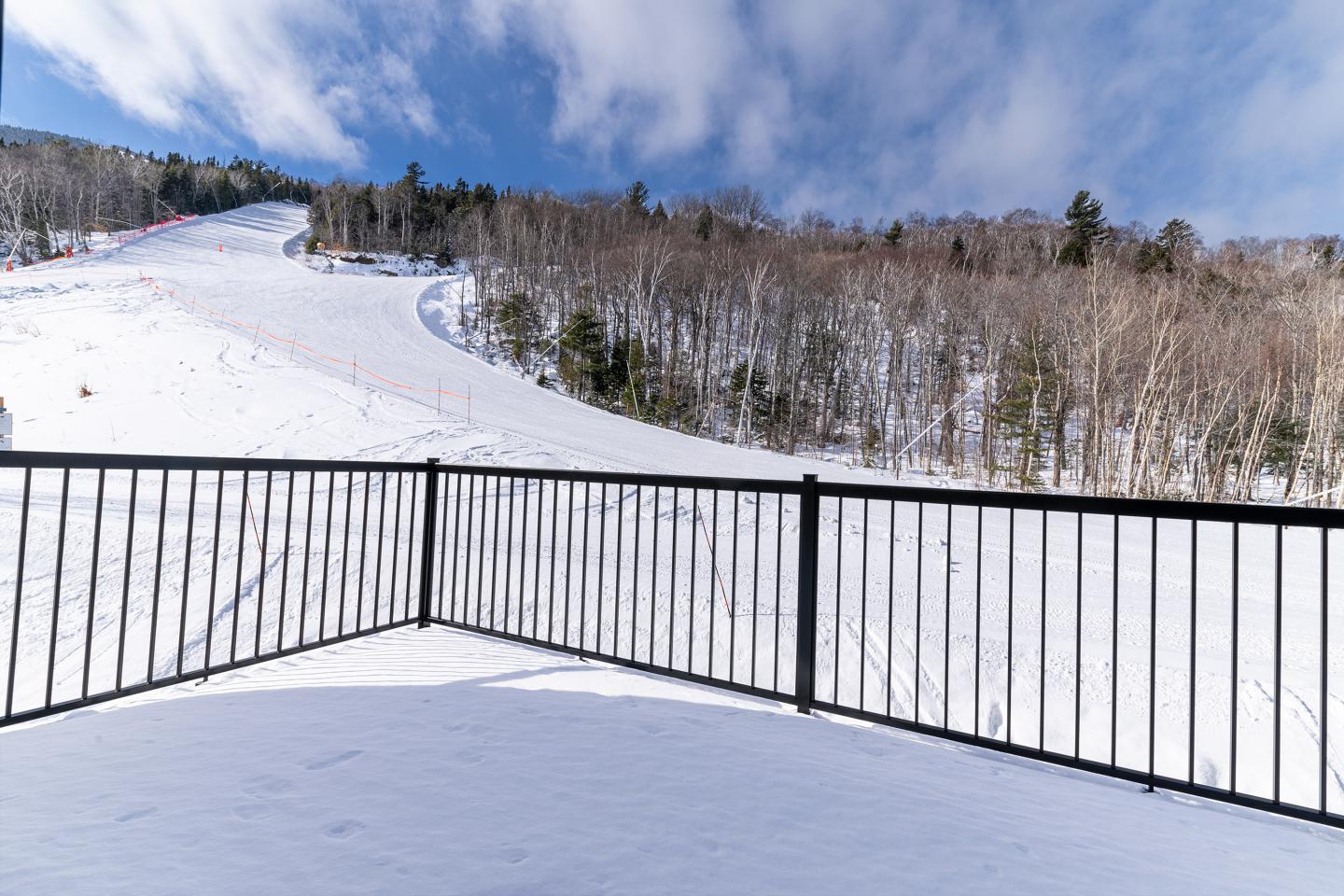 Terrasse enneigée avec vue sur une piste de ski et forêt en arrière-plan.