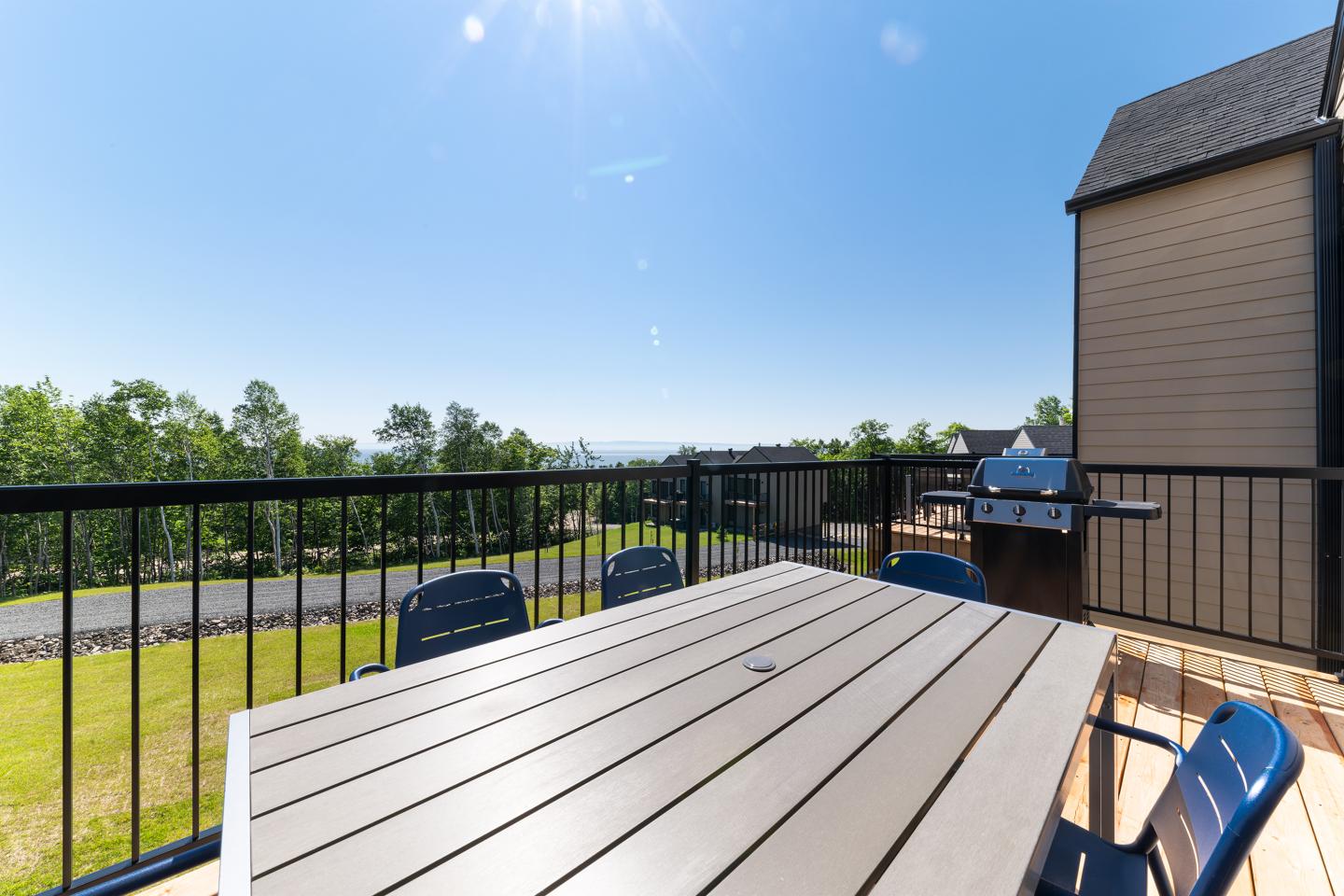 Terrasse ensoleillée avec table, chaises et barbecue, vue sur la campagne.