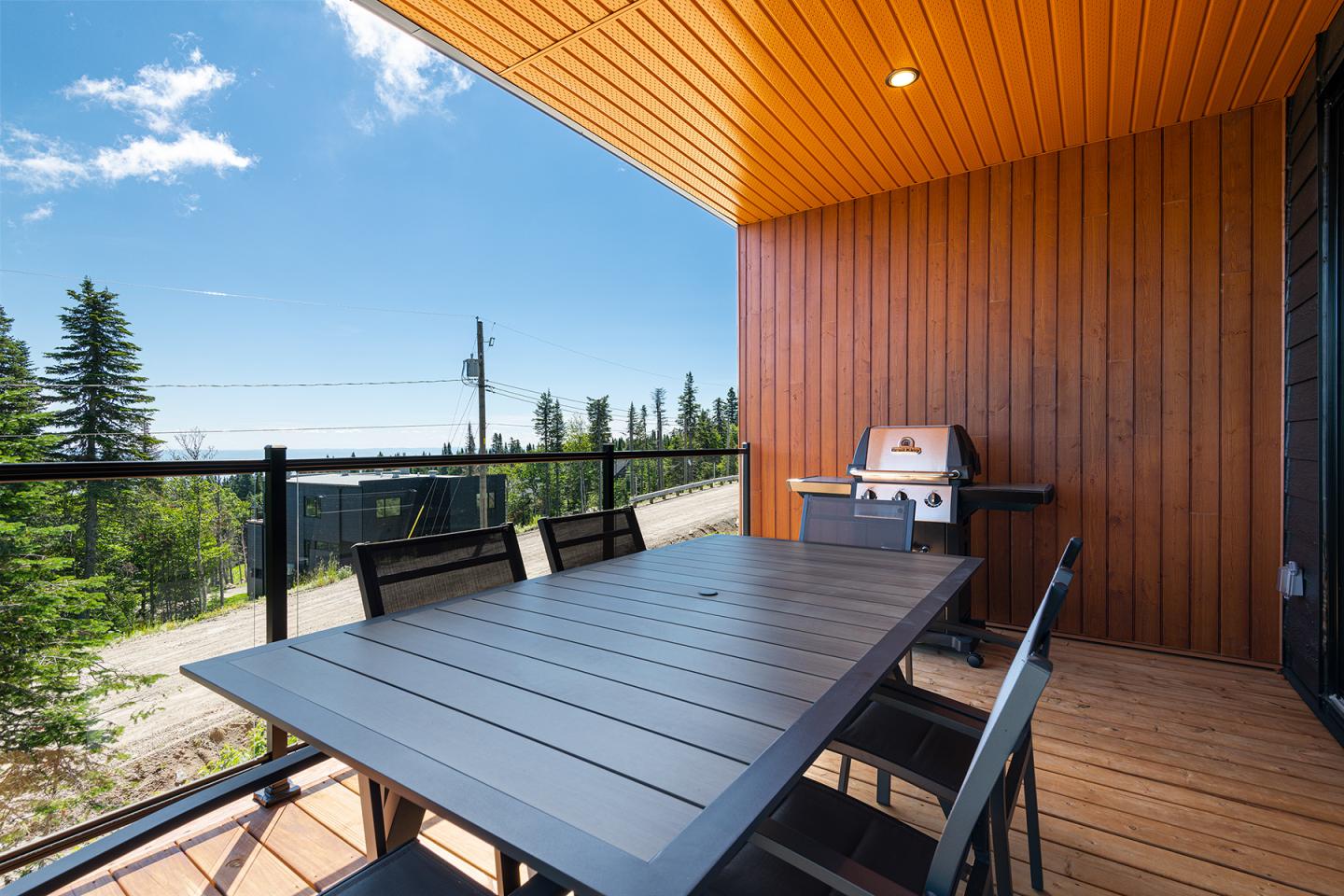 Terrasse en bois avec table, chaises et barbecue, entourée d'arbres.