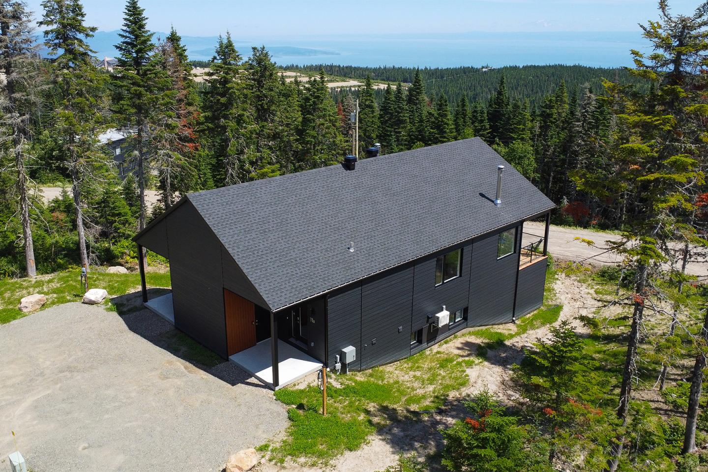 Maison moderne noire en bois, forêt environnante, vue mer à l'horizon.
