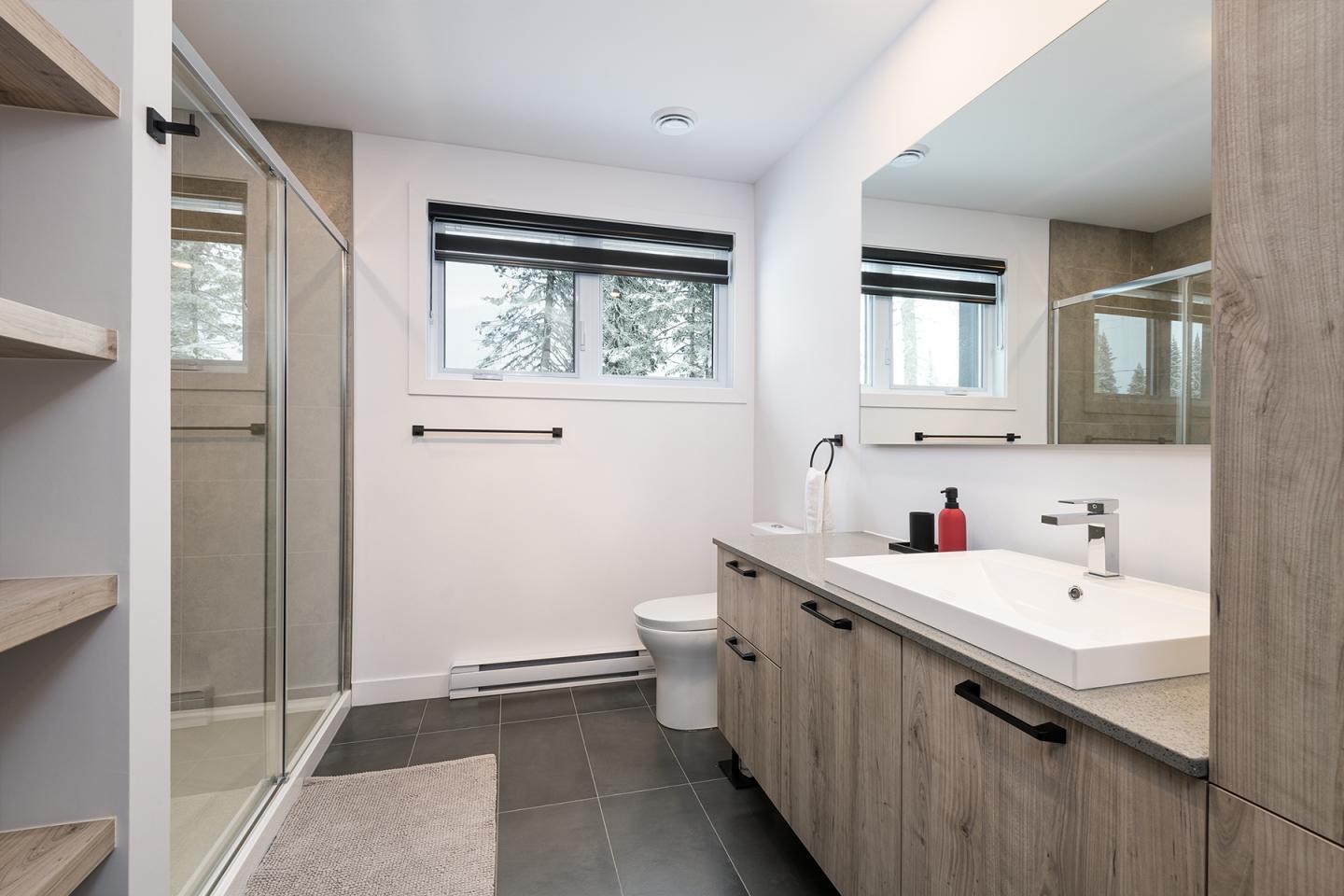 Salle de bains moderne avec douche vitrée, lavabo blanc et grand miroir.