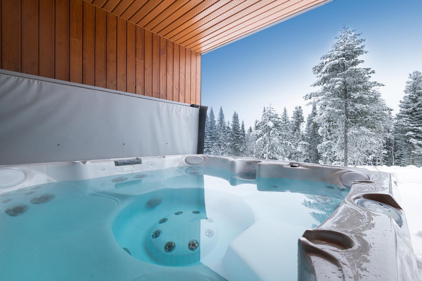 Jacuzzi en terrasse avec vue sur forêt enneigée en hiver.