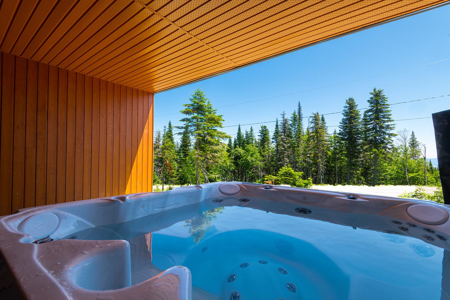 Spa extérieur avec vue sur forêt sous ciel bleu.