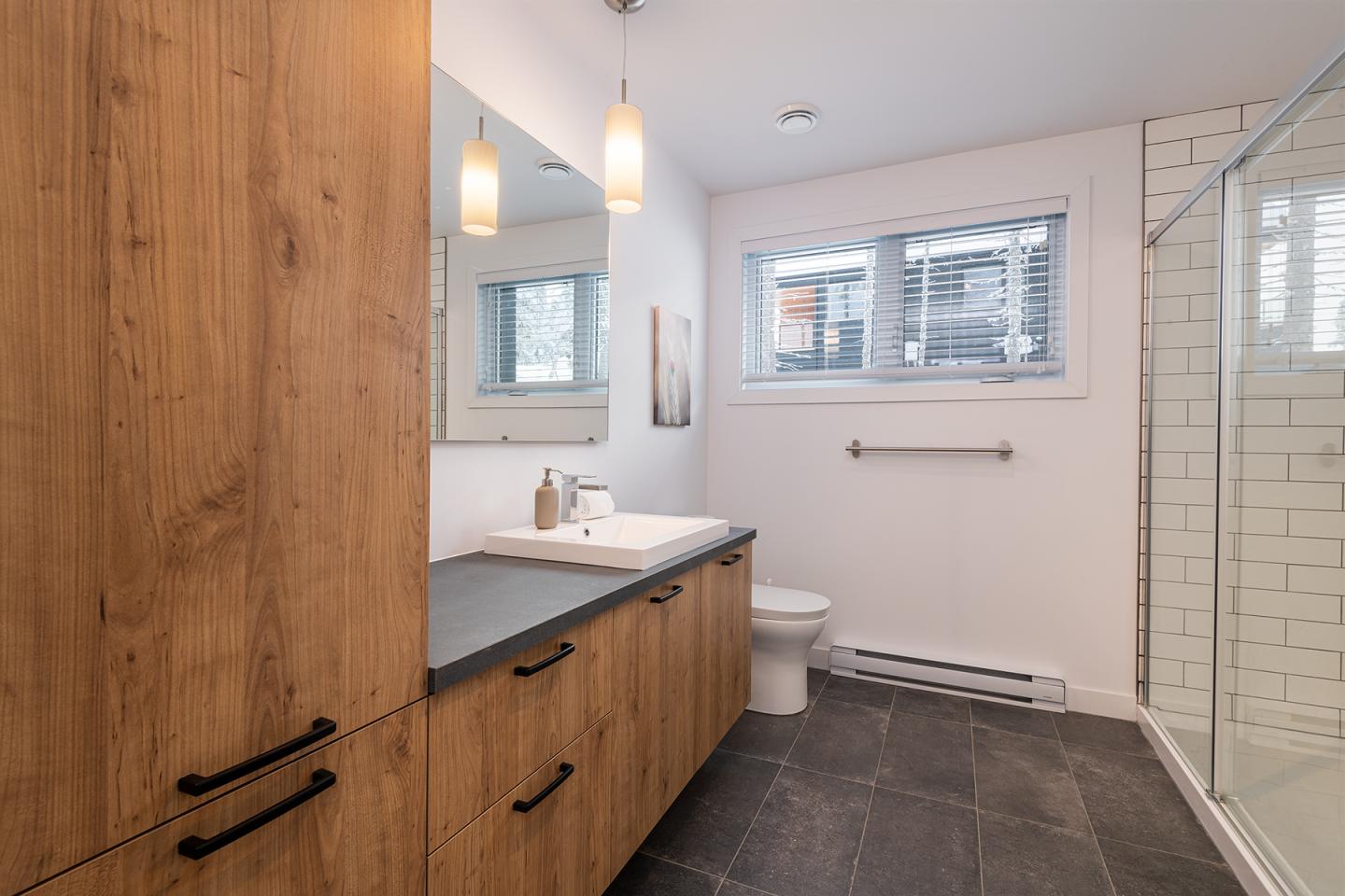 Salle de bain moderne avec lavabo, miroir, et douche à l'italienne.