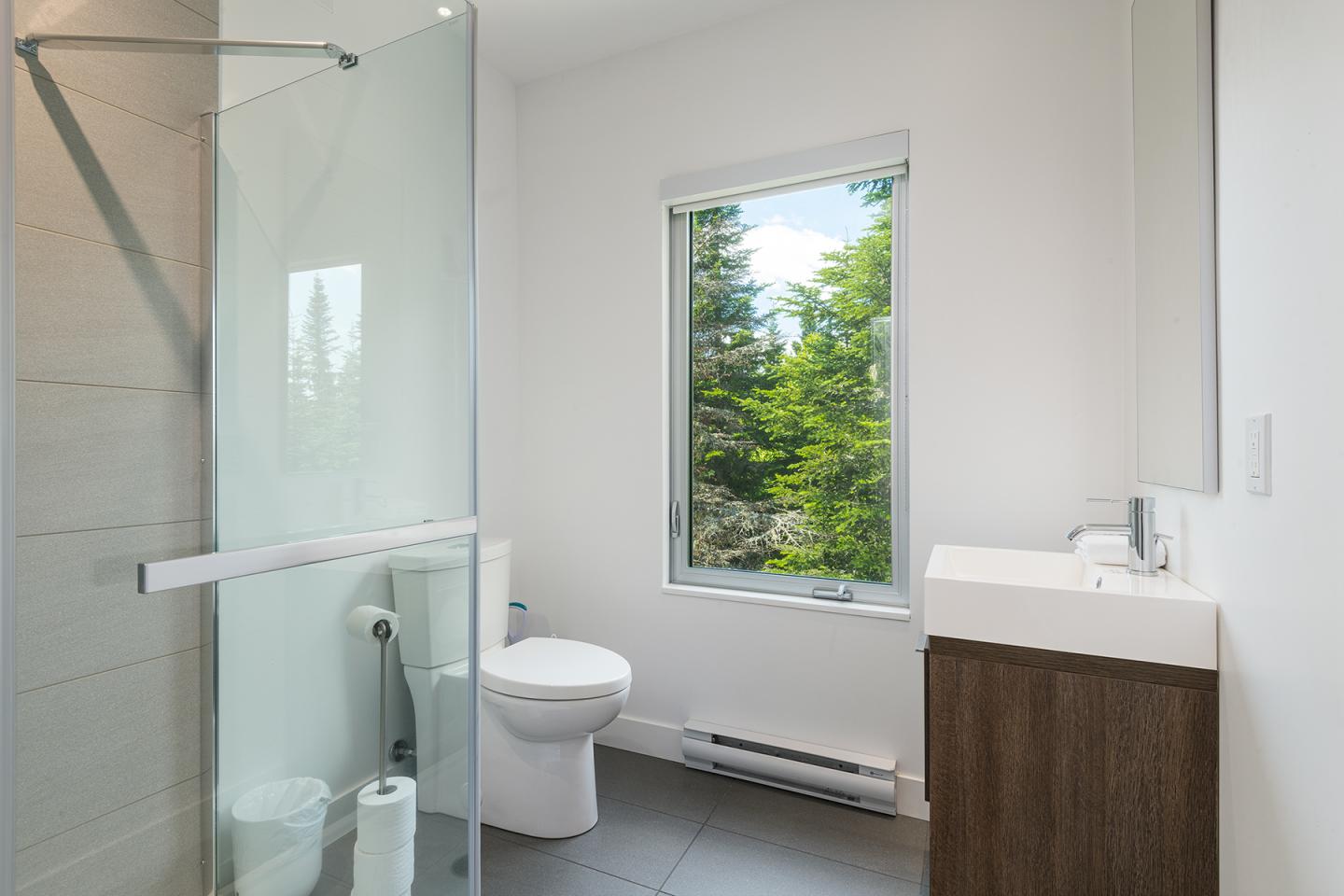 Salle de bain moderne, lumière naturelle, vue sur arbres. Douche, WC et lavabo présents.