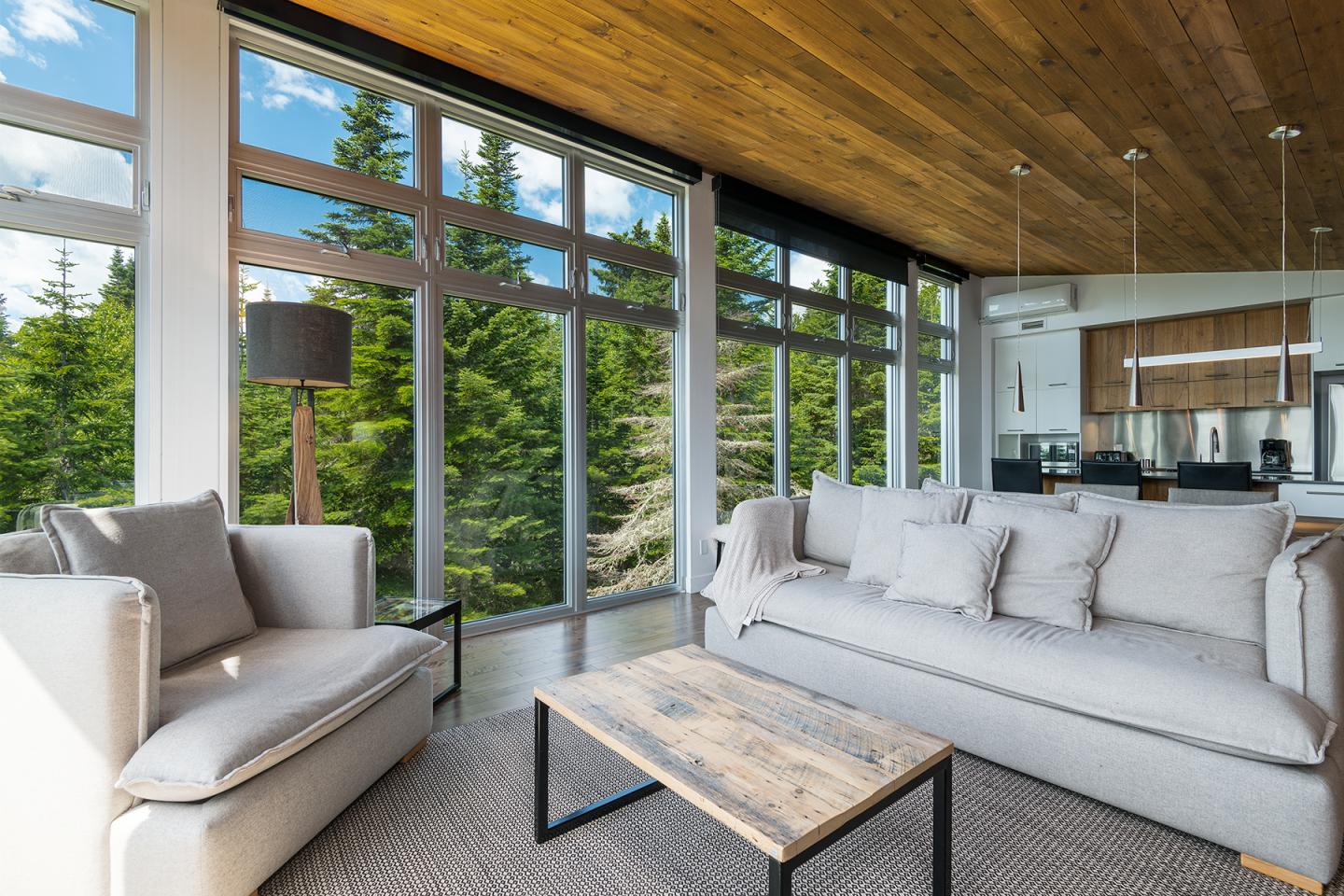 Salon moderne avec baies vitrées, canapé gris et vue sur forêt.
