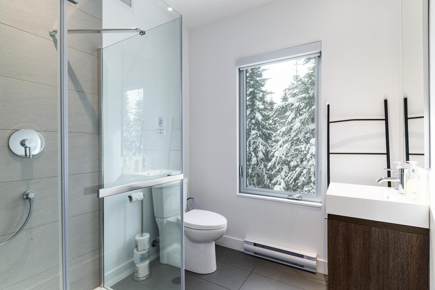 Salle de bain moderne avec douche vitrée, lavabo et fenêtre enneigée.