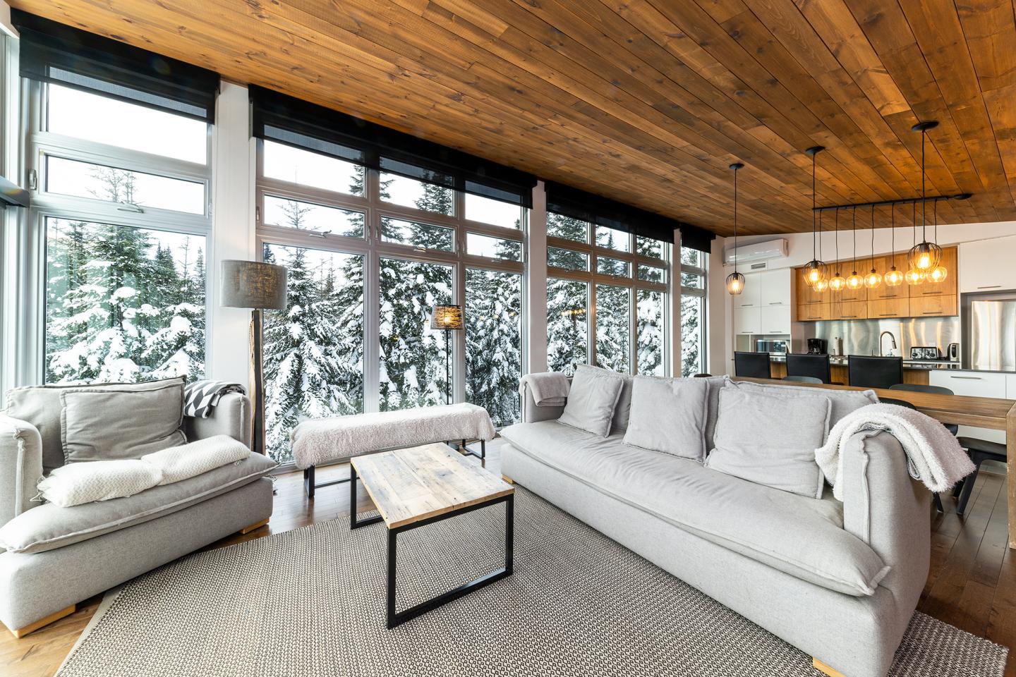 Salon moderne avec grandes fenêtres, canapé gris, cheminée et vue sur la neige.