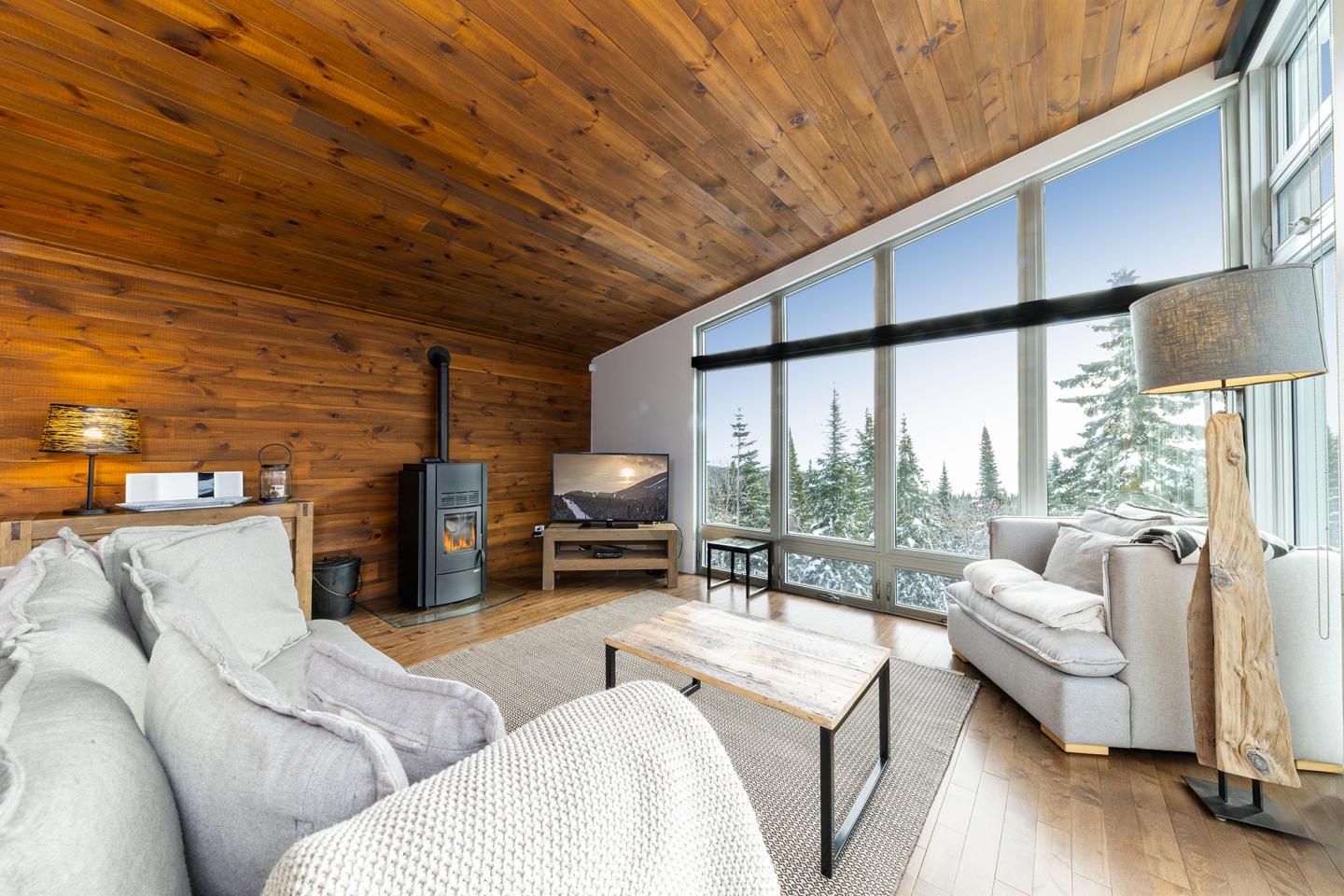 Salon en bois avec grandes fenêtres, canapé, poêle à bois et vue sur des arbres enneigés.