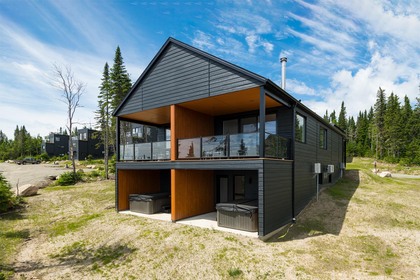 Chalet moderne en bois noir, ciel bleu, entouré de forêt.