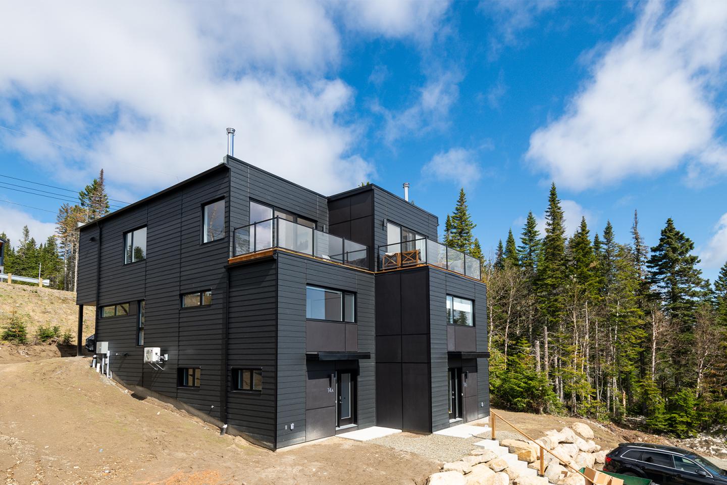 Maison moderne noire avec terrasse, entourée de forêt et sous un ciel bleu.