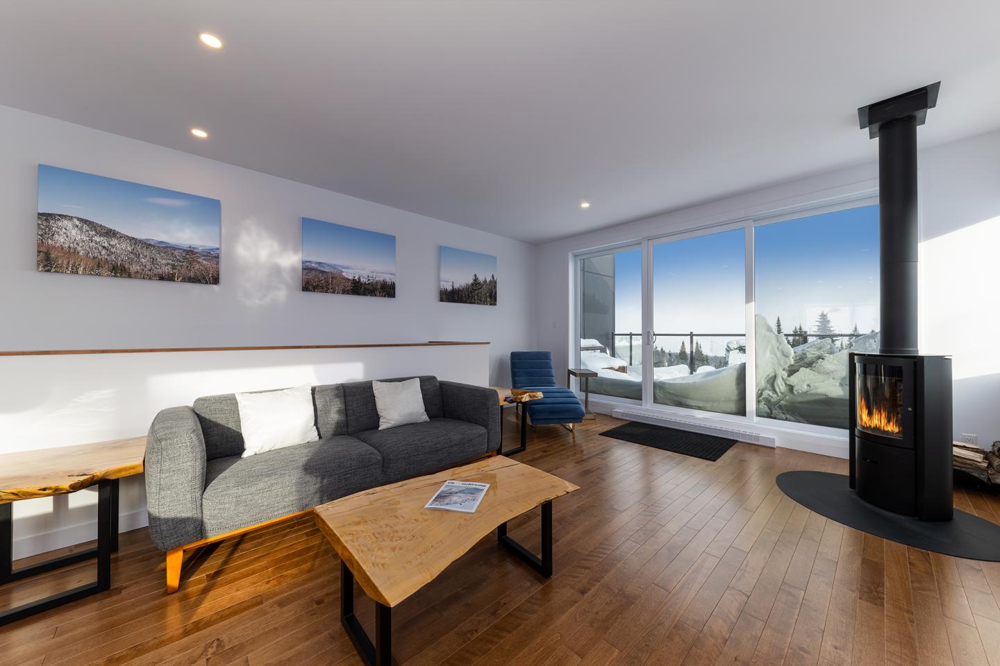 Salon moderne avec cheminée, canapé gris, grandes fenêtres et vue sur montagnes enneigées.