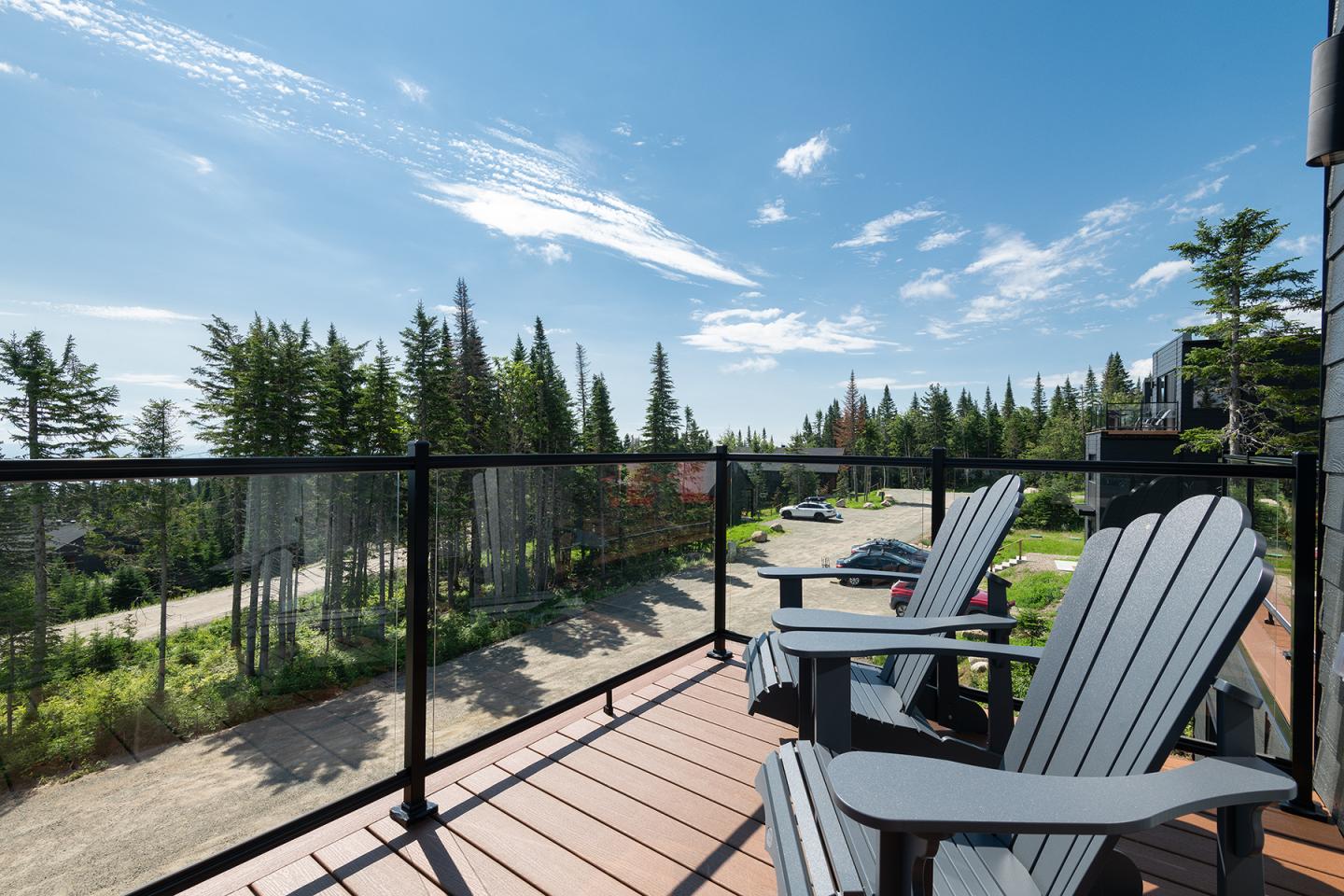 Terrasse avec chaises en bois, vue sur forêt dense sous un ciel bleu.