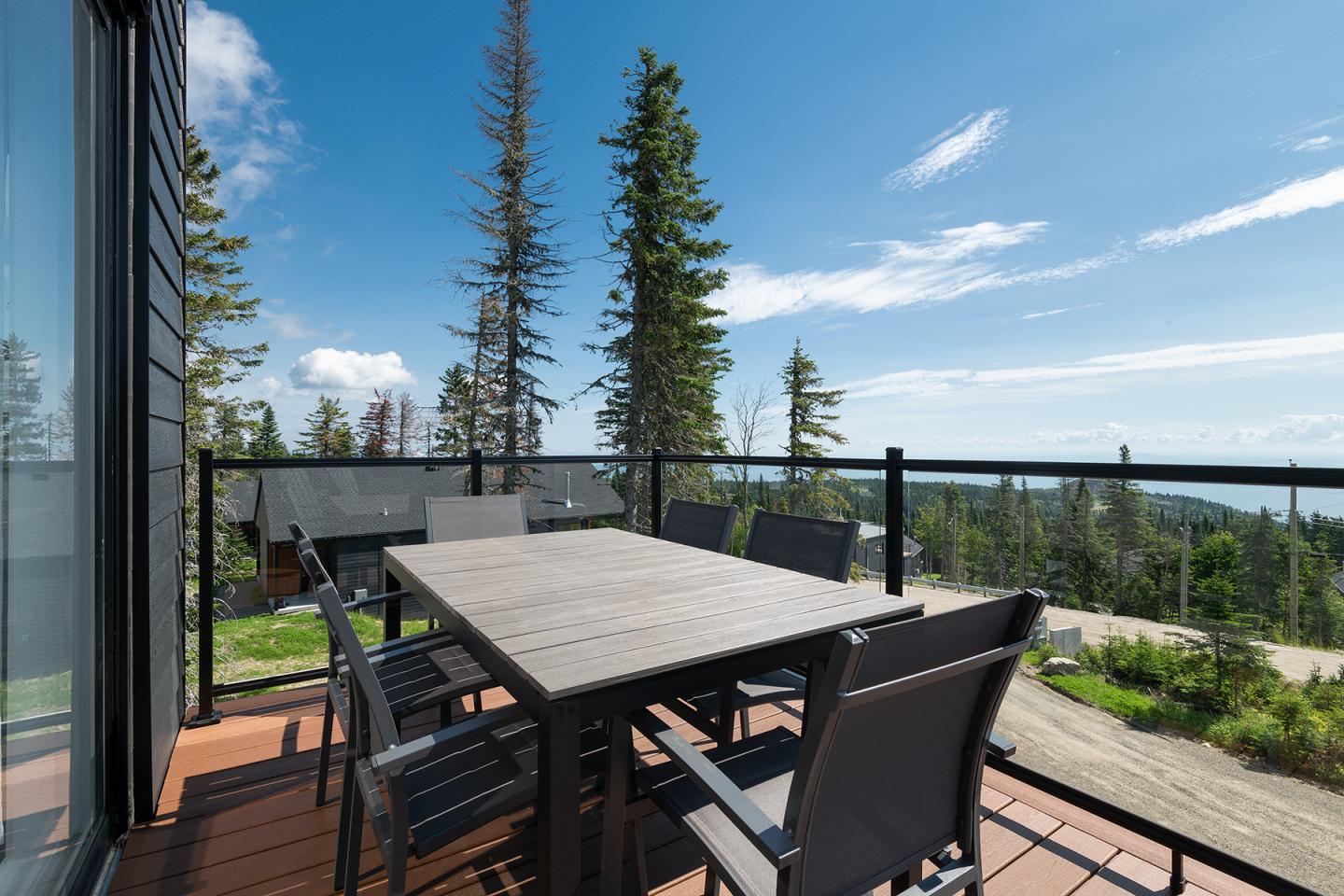 Terrasse en bois avec table et chaises, vue sur forêt et ciel dégagé.