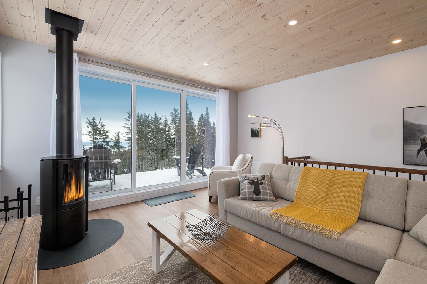 Salon moderne avec cheminée, canapés beiges, et vue sur forêt enneigée.
