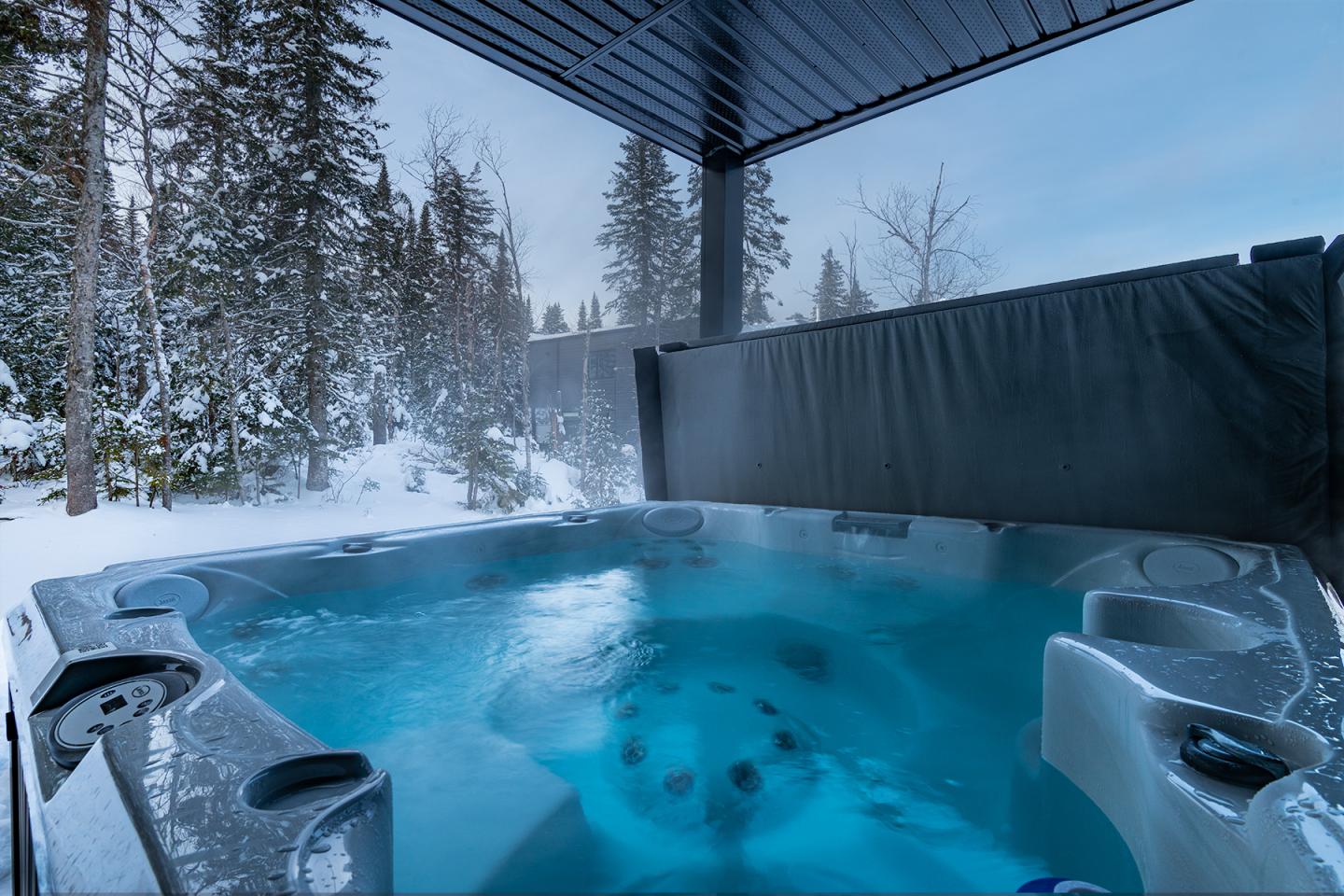 Spa extérieur sous abri, entouré de neige et forêt enneigée.