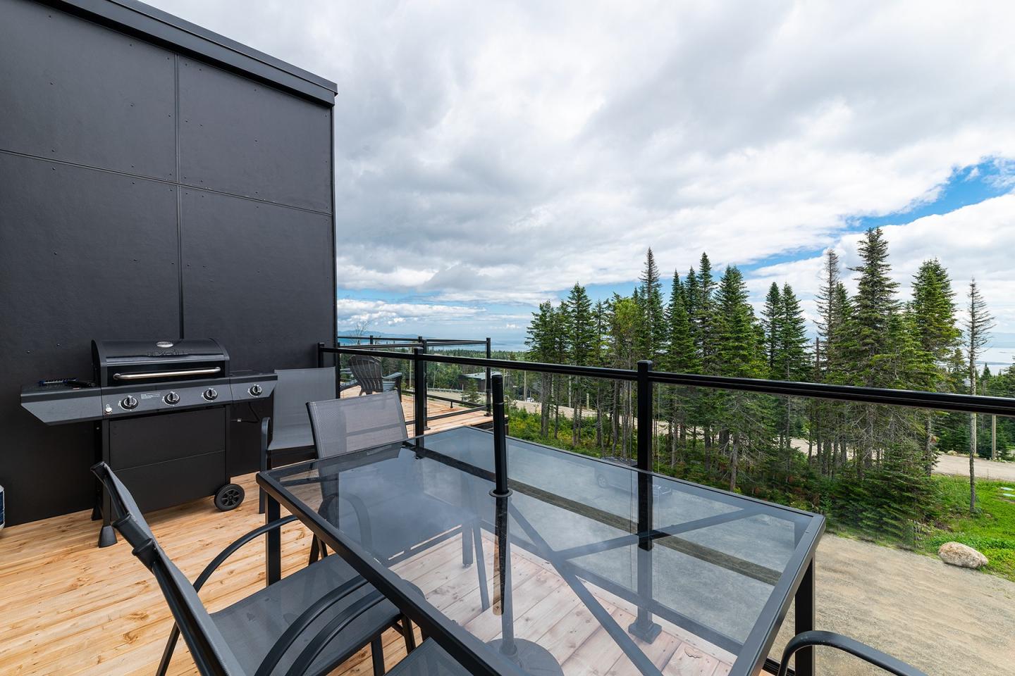 Terrasse avec table en verre, chaises, barbecue et vue sur forêt et ciel nuageux.