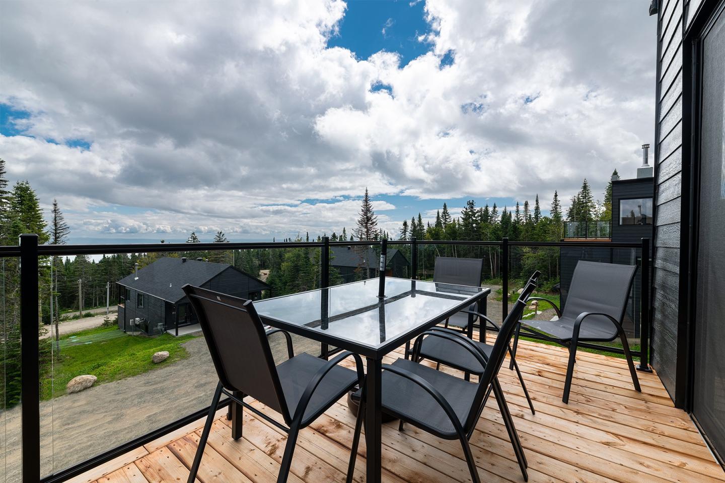 Terrasse en bois avec table en verre et chaises, vue sur forêt sous ciel nuageux.