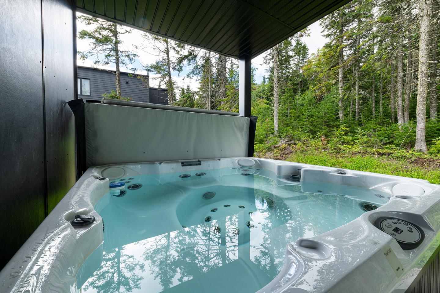 Spa extérieur sous un auvent, avec vue sur la forêt.