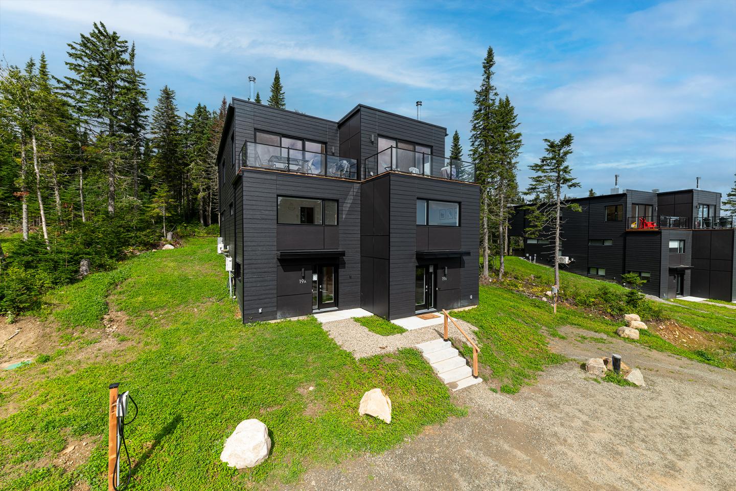 Maisons modernes noires sur une colline verte, ciel bleu en arrière-plan.