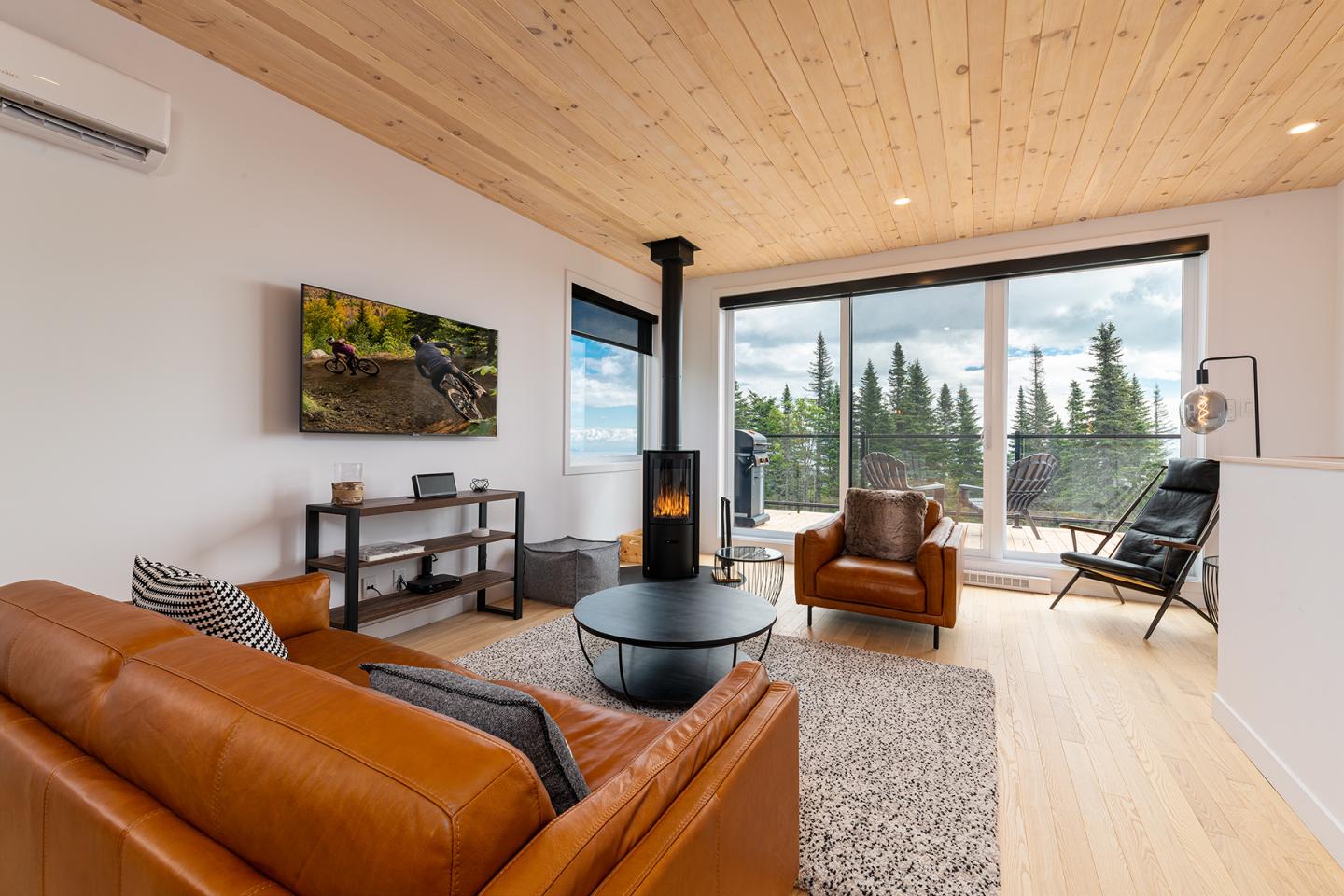 Salon moderne avec canapé en cuir, cheminée et grande baie vitrée.