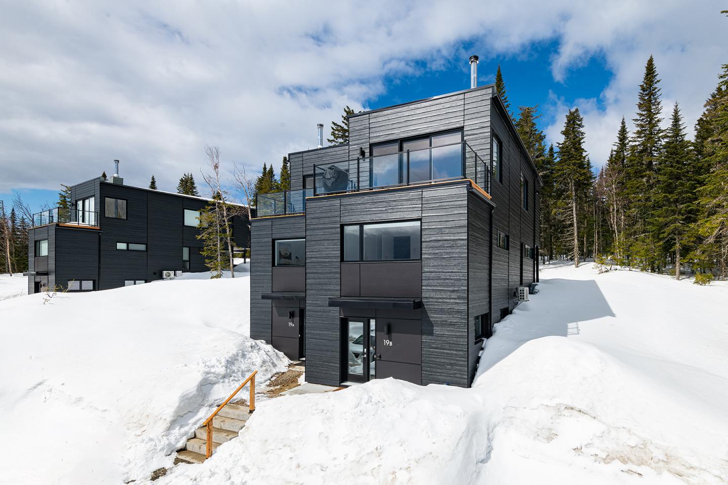 Maison moderne noire sur fond de neige et forêt.