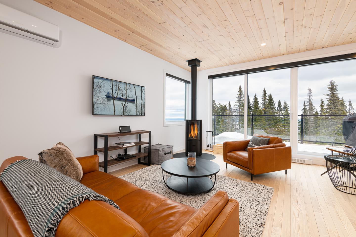 Salon lumineux avec canapé en cuir, poêle à bois, et vue sur la forêt.