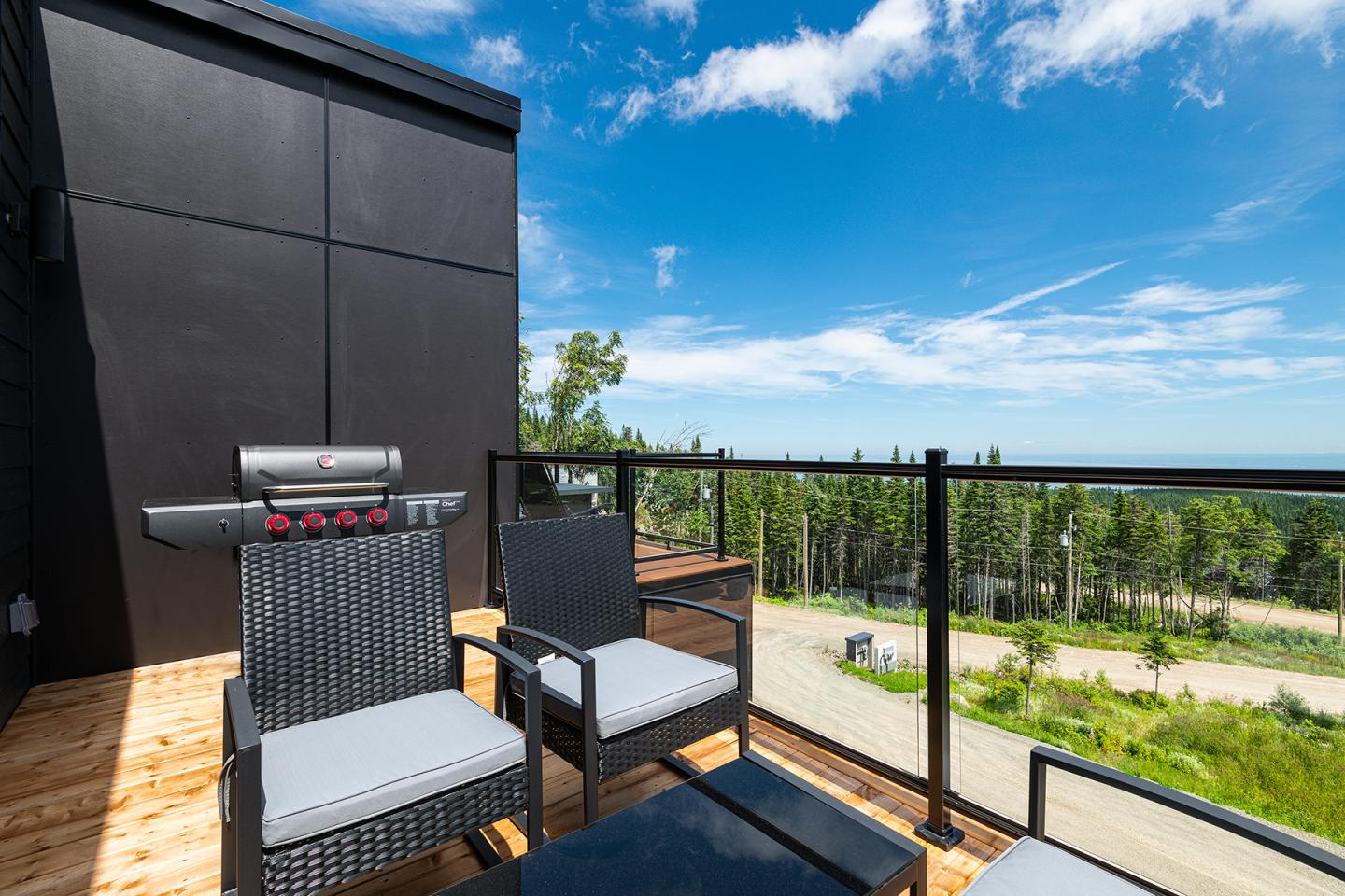 Terrasse ensoleillée avec barbecue, meubles gris et vue sur la forêt et le ciel bleu.